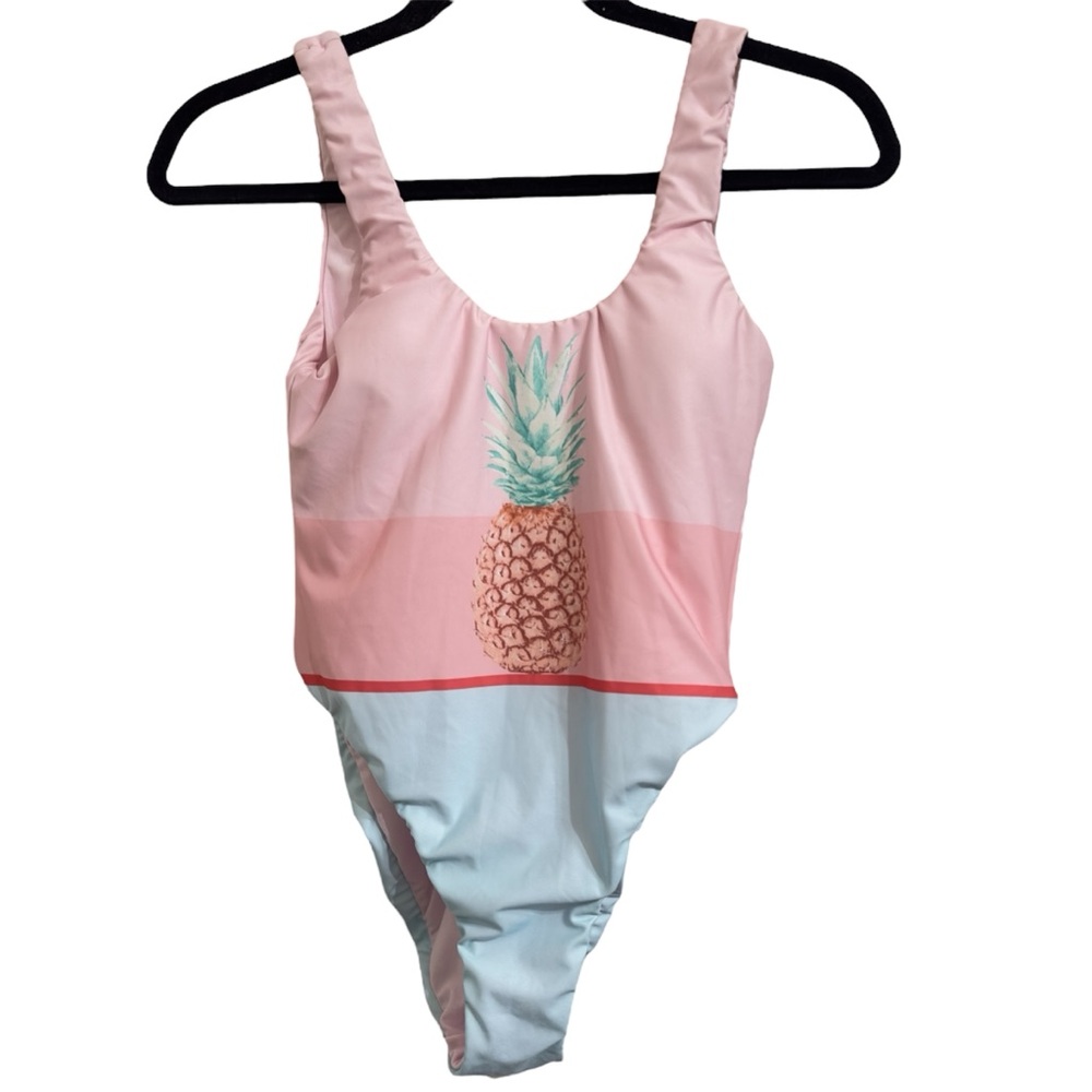 The Bikini Lab Pineapple Print One-Piece Swimsuit XS‎ Pink Blue Colorblock NWT